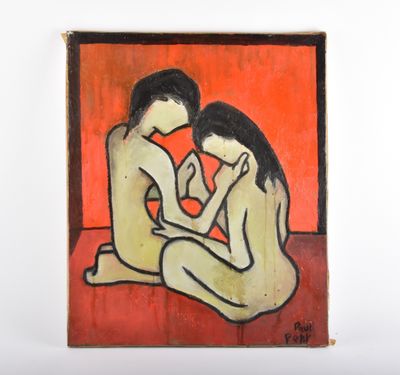 un tableau représentant deux femmes assises sur une surface rouge