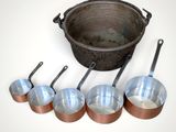 a lot of pots and pans that are on the table