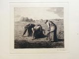 a black and white drawing of a group of people in a field