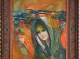 an oil painting of a woman in a hoodedie with a bird on her head