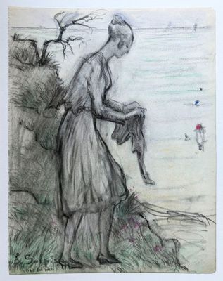 une image représentant un dessin d'une femme tenant un chat au bord de l'eau