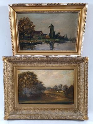 two framed paintings of a river scene with a church in the background