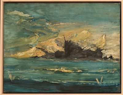 une peinture à l'huile représentant un bateau sur un plan d'eau