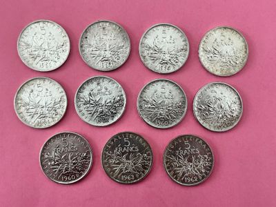 11 pièces de 5 francs semeuse en Argent 835‰ (3x1960, 1961, …