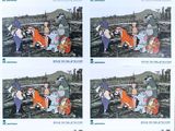 several pictures of people sitting on a bench in a park