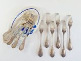 five forks and a bowl of silverware on a table