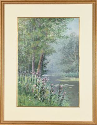 tableau représentant une rivière avec des arbres et des fleurs au premier plan