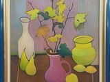 a painting of vases and pears on a table