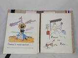 an old book with two illustrations of a woman and a man on the beach