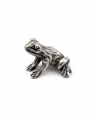 un gros plan d'une grenouille argentée sur fond blanc