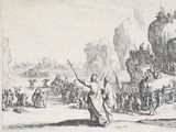 drawing of a group of people in a mountainous landscape with a horse drawn carriage