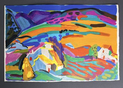 tableau représentant un paysage coloré avec une montagne en arrière-plan