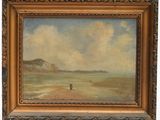 une peinture à l'huile représentant une scène de plage avec des personnes marchant sur le sable