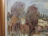 a painting of a snowy landscape with trees in the foreground