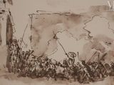 dessin d'un groupe de personnes devant un bâtiment