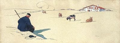 a painting of a man sitting in the snow with cows