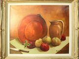 un tableau représentant des pommes et un pichet posés sur une table
