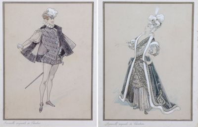 deux dessins représentant une femme en robe et un homme en manteau