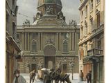 un tableau représentant une calèche tirée par des chevaux dans une rue enneigée