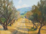 une peinture à l'huile représentant un chemin de terre bordé d'arbres par une journée ensoleillée