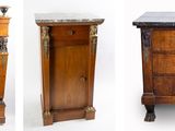 deux photos d'une armoire en bois avec un plateau en marbre et d'un plateau en marbre