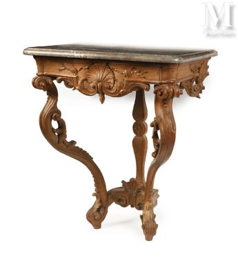 an old wooden table with a marble top on a white background