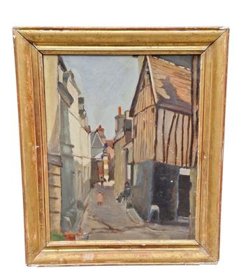 une peinture à l'huile représentant une scène de rue avec un cheval et une calèche