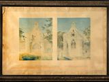 two paintings of a church and a garden in a black frame