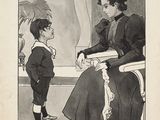 drawing of a woman sitting on a chair talking to a young boy