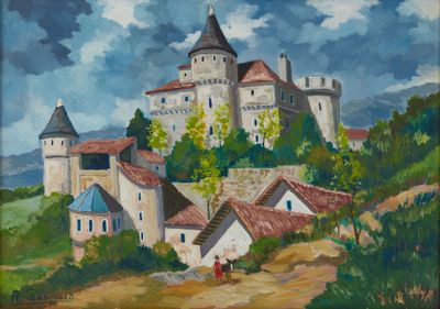 an oil painting of a castle on a hill with a horse in the foreground