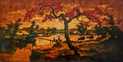 tableau représentant un tableau d'un arbre, avec des personnes marchant à l'arrière-plan