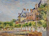 an oil painting of a large building with a clock tower on top of it