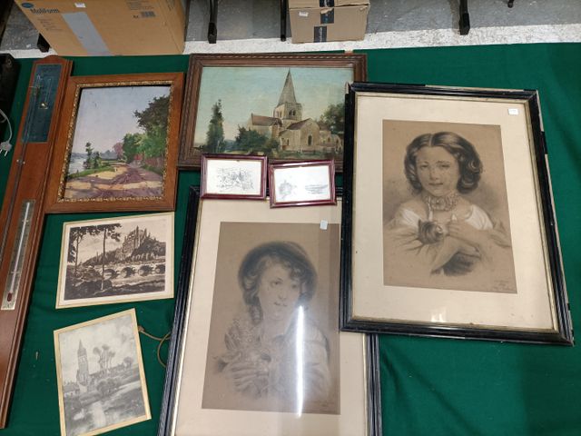 Lot de 8 cadres : deux huiles sur panneau, gravures, deux lithogr