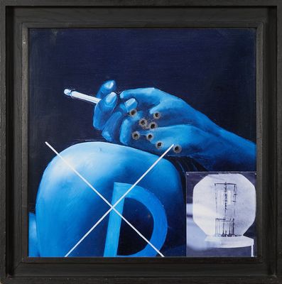 tableau représentant un homme bleu fumant une cigarette sur fond bleu