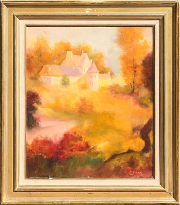 an oil painting of a farm scene with a house in the background