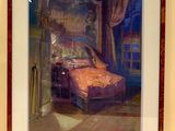 painting of a bed in a room with a window in the background