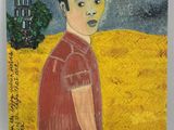 a painting of a boy in a red shirt standing in a field