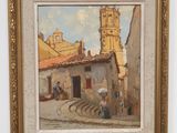 an image of a painting of a street scene with a church in the background