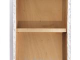 a wooden shelf with two shelves in it