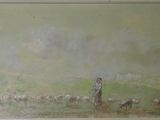 un tableau représentant un homme debout devant un troupeau de moutons