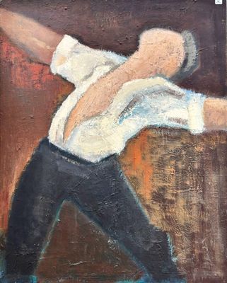 un tableau représentant un homme lançant un frisbee en l'air