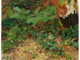 an oil painting of a person standing in the grass near a tree