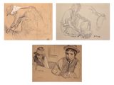 quatre croquis représentant un homme et une femme assis à une table