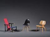 two chairs and a chair in different colors on a gray background