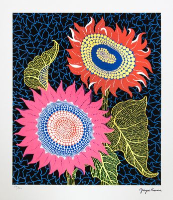 a painting of two sunflowers with leaves on a blue background