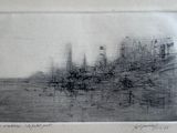 a black and white drawing of a city by the water