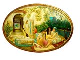 une photo d'un tableau représentant une femme et deux fillettes assises sur un banc
