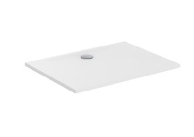 white rectangular shower tray with a drain and a drain hole