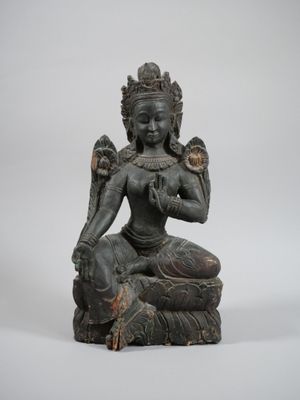 THAILANDE Bouddha en bois noirci, figuré assis en padmasana …