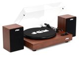 Le tourne-disque est posé sur une table en bois.